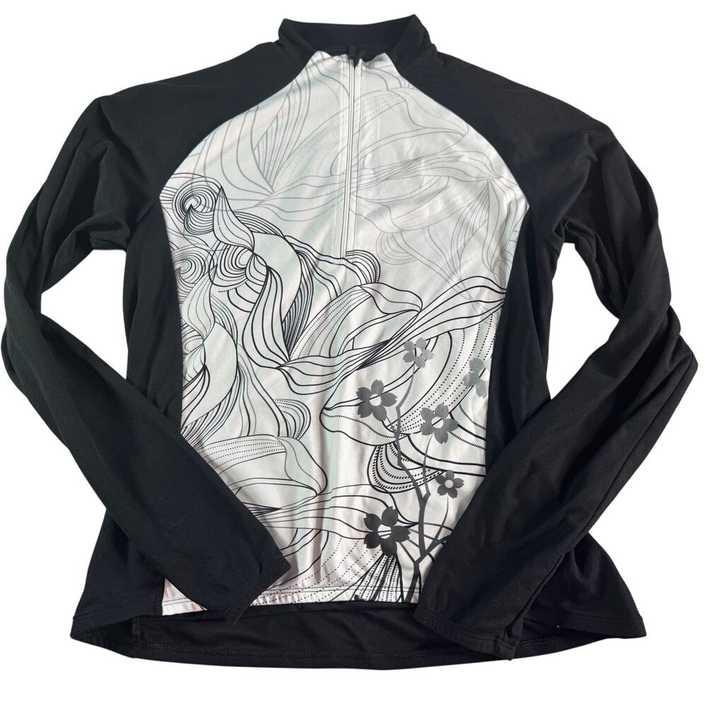 Sugoi Cycling Jersey Women’s Large Black White Floral 1/2 Zip Bike Top Pockets